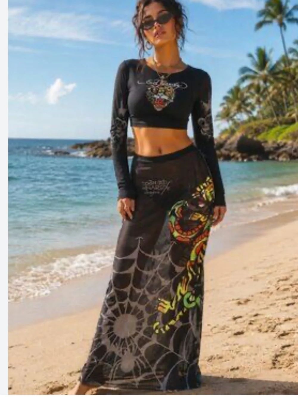 Ed Hardy Black Mesh Crop Top and Maxi Skirt with Multicolor Snake